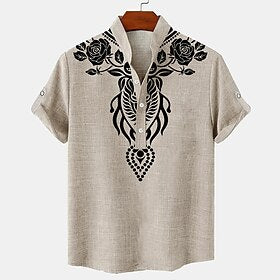 Étnico Casual Tribal Homens Camisa Social Diário Feriado Verão Primavera Colarinho Chinês Manga Curta Azul, Bege, Cinzento S, M, L 20,4% linho Camisa