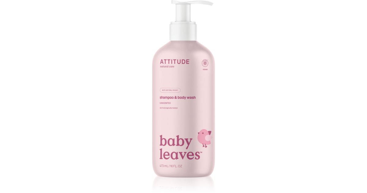 Attitude Baby Leaves parfymefri dusjgelé og sjampo 2 i 1 for barn 473 ml