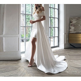 bruidsdouche eenvoudige trouwjurken glitteramp; Sparkle trouwjurken baljurk off-shoulder mouwloos theelengte kanten bruidsjurken met applicaties effen kleur 20