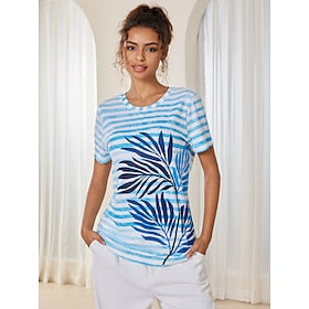Dame T-shirt Stribet Planter Trykt mønster Ferierejse Hawaiiansk Kortærmet Rund hals Blå Sommer
