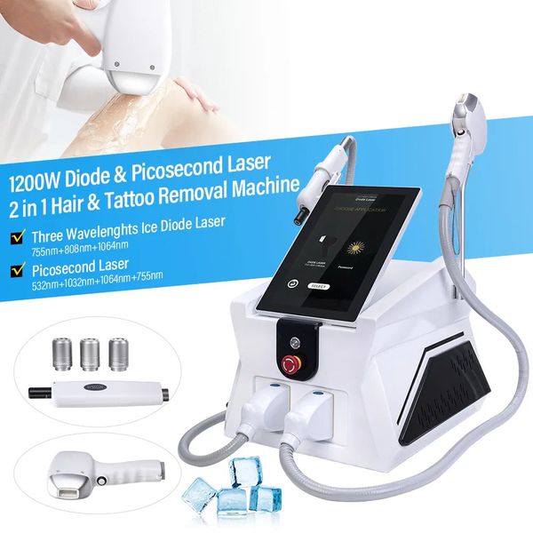 Professional 2 in 1 Diode Laser Hair Removal + Picosecond Tattoo Removal Non-invasive Skin Rejuvenation Ice Titanium Depilation Pico Skin Wh