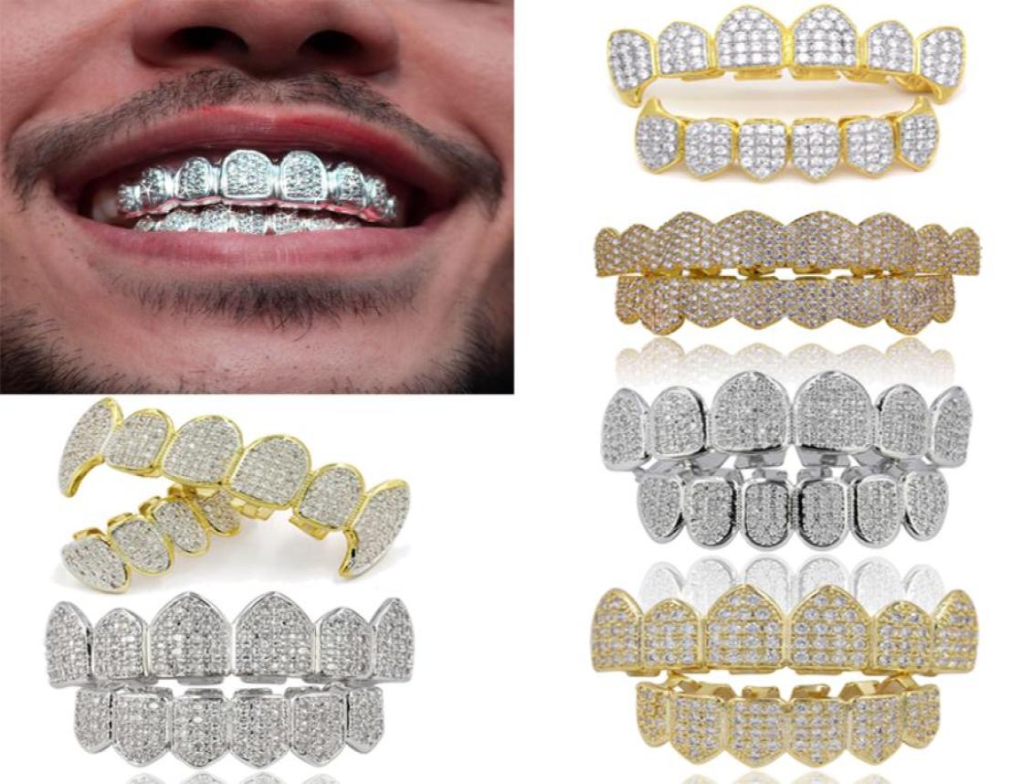 18K Real Gold Punk Hiphop Dental Mouth Grillz Braces Bling Cubic Zircon Rock Vampire Teeth Fang Grills Braces Tooth Cap Rapper Jew2902414