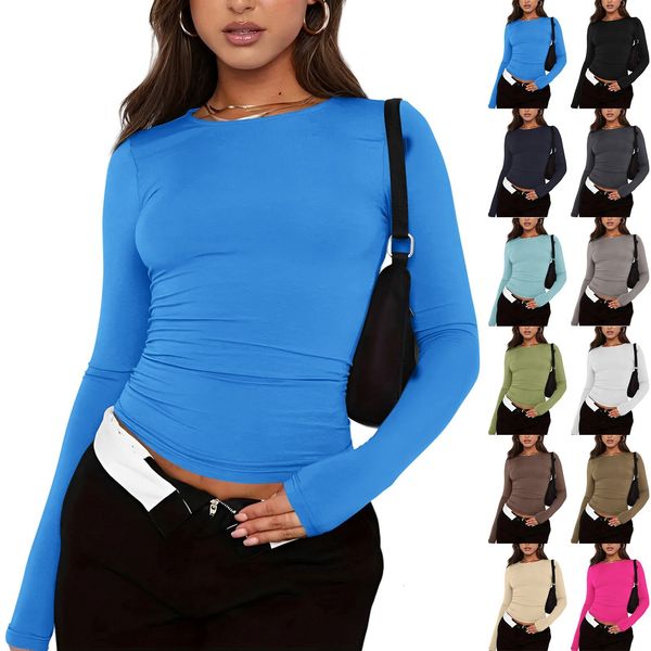 Women&#039;s Fashion Solid Color Round Neck Long Sleeve T-Shirt Top Womens and Blouses 2024 Dr Tops for Women