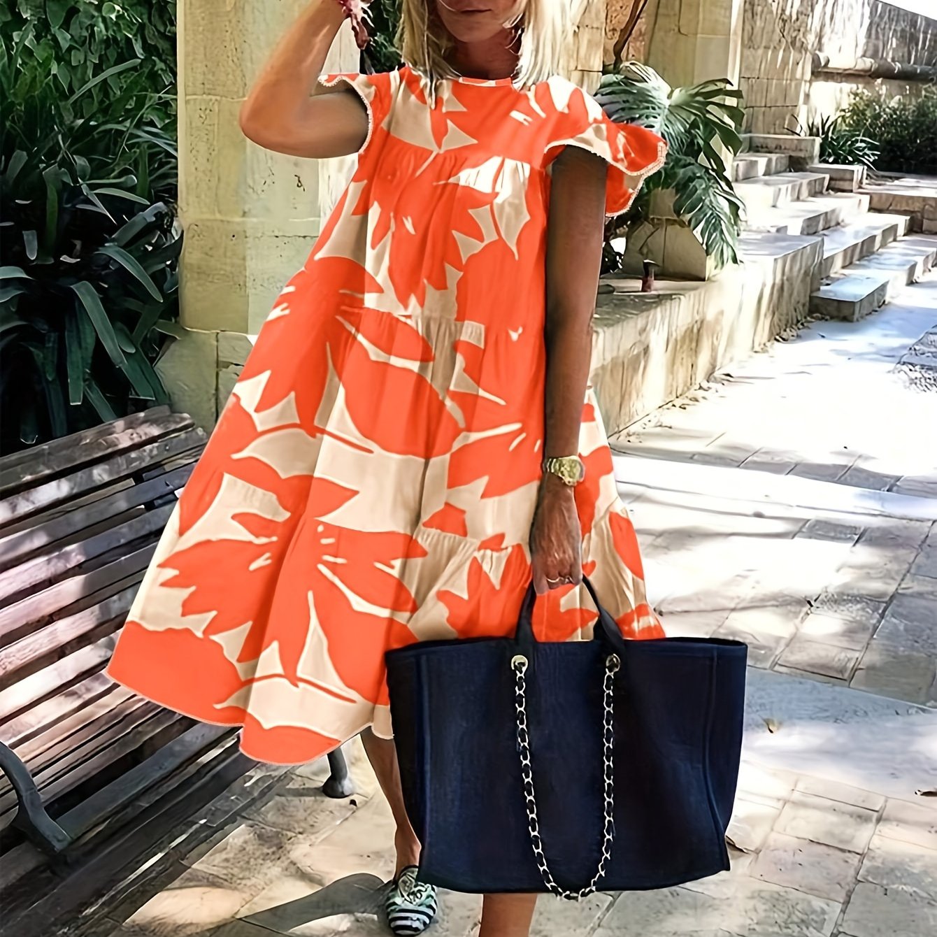 TEMU Women's Casual Short Sleeve Round Neck Dress With Tropical Leaf Print - Breathable Machine Washable Fitted Dress For Outdoor & Casual Attire,