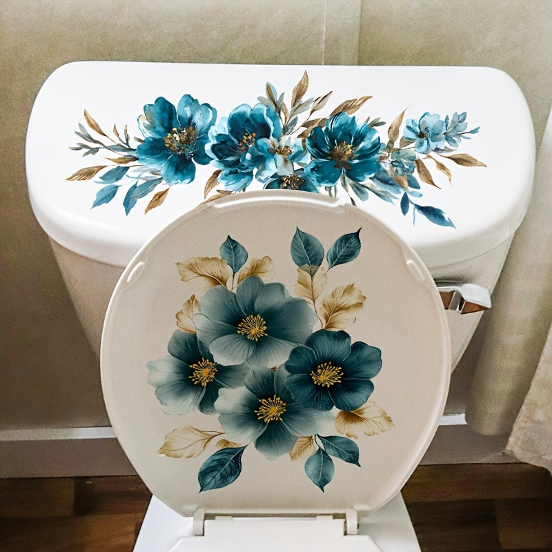 TEMU 1pc Floral Toilet Lid Sticker, Creative Blue Ink Flowers, Self-adhesive Pvc, Glossy Surface, For Ceramic Toilet And Seat Ring, Bathroom