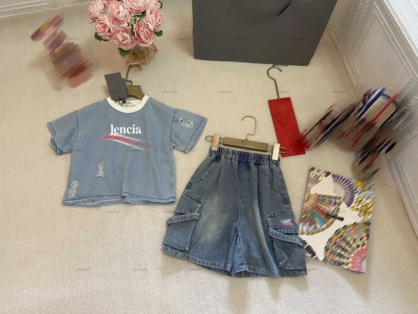 Luxury child tracksuits baby Summer suits designer kids clothes Size 90-140 CM Broken hole design T-shirt and denim shorts