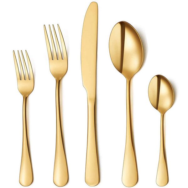 5Pcs-Set Gold Flatware Set Stainless Steel Silverware Cutlery Set Tableware Western Dinnerware Golden Fork Spoon Steak Kitchen Utensil HW016