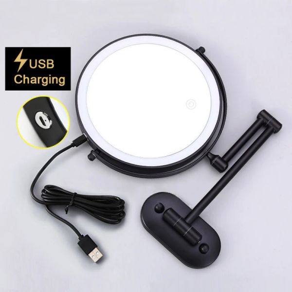 8 Inch Black Wall Mounted Makeup LED Mirror 3X-10X Magnifying USB Charing Double Side Bathroom Smart Shaving Cosmetic Mirror