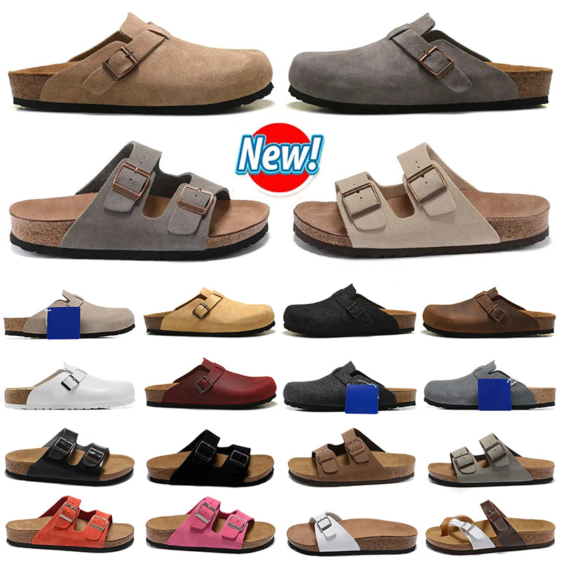 Boston Clogs Designer burkinstock Sandals Slippers Clog Women Mens Suede Shearling Soft Footbed Arizona Taupe Head Pull Cork Flat Loafers Leather Sl