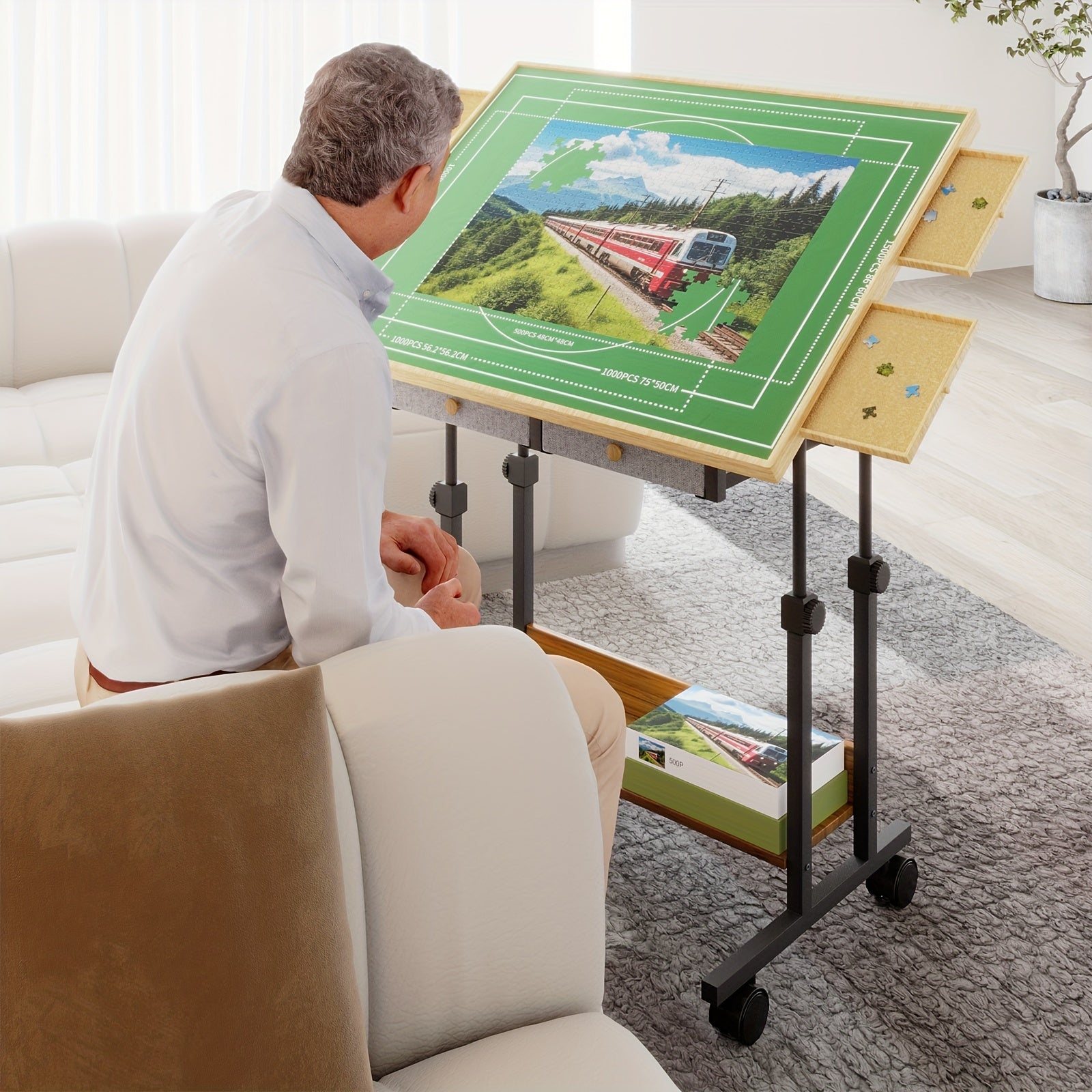 TEMU Puzzle Table With Legs, Adjustable 5-tilting- With 6 Drawers & Cover, 35"x 26" Wooden Puzzle Board With 4 Wheels For Adults