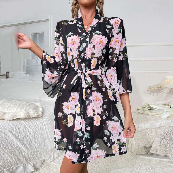 New chiffon sleepwear with women&#039;s print, light long sleeved cool feeg, sleeping robe, bathrobe, home wear for women 596, 2024 temperam