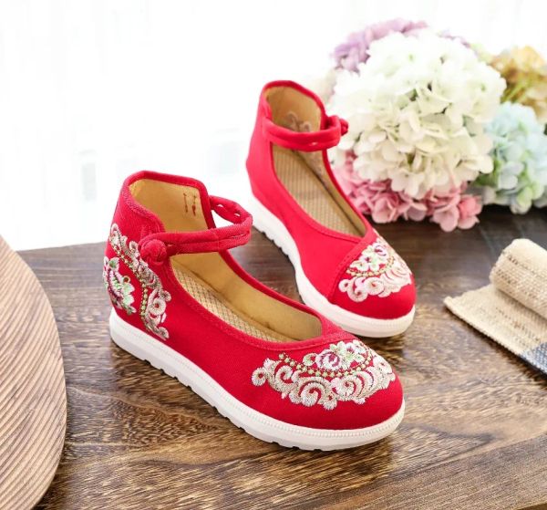 Red Women Summer Ankle Strap Spring Autumn Pumps China Embroiders Wedges Low Heels 2023 Cloth Shoes Medium Heel Dress a112