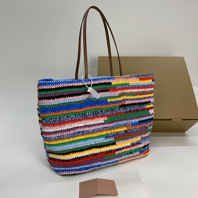 Weave handbag bags designer women bag crochet knitting tote bag rainbow color shoulder bags purses designer woman handbag cowhide leather handle tot