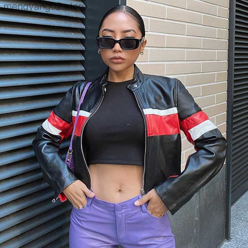 Women&#039;s Jackets 2023 New Patchwork Stitch Leather Bomber Jackets For Women In Outerwears Zip Up Long Sleeve Street Racing Coats Cropped T230724