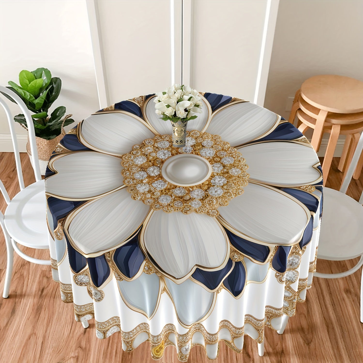 TEMU 1pc Blue And White Diamond Pattern Floral Round Tablecloth Colorful Terrace Dining Table Cover Light Style Tapestry Valance Curtain Towel Picnic