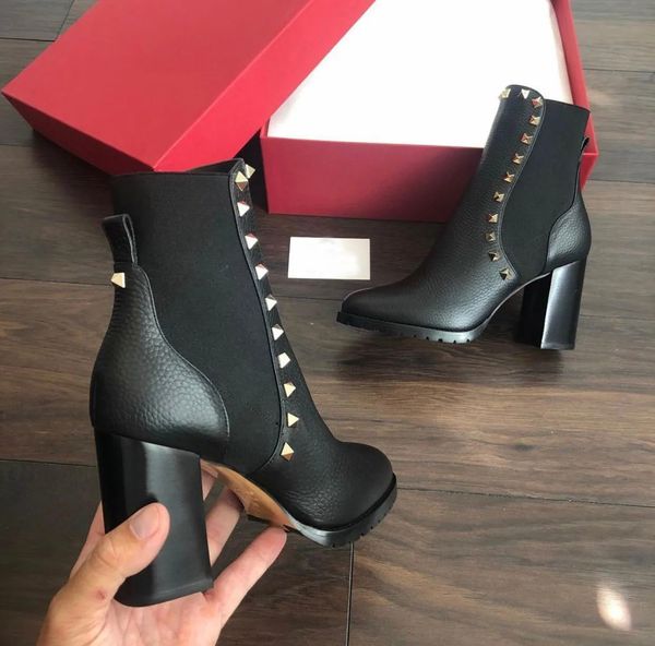 Winter Designer Stud Ankle Boots Women Black Wine-red Grainy Leather Chunky Sole Martin Booties Lady High Heel Party Dress Red Designer Moto