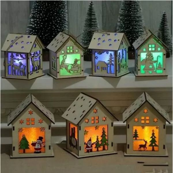 Christmas Log Cabin Hangs Wood Craft Kit Puzzle Toy Xmas Wooden House With Candle Light Bar Home Decorations Children&#039;s Holiday Gifts 0