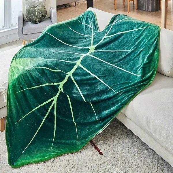 1pc Green Leaf Shape Flannel Blanket Soft Cozy Throw Blankets For Travel Sofa Bed Home Decor Birthday Gift For Kids Adults Y240730