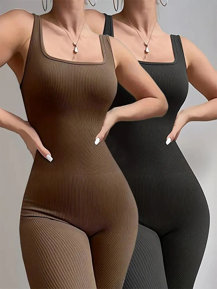 Womens 2-Piece Yoga Jumpsuit Exercise Ribbed Square Collar Sleeveless Vest Sports Jumpsuit 240914