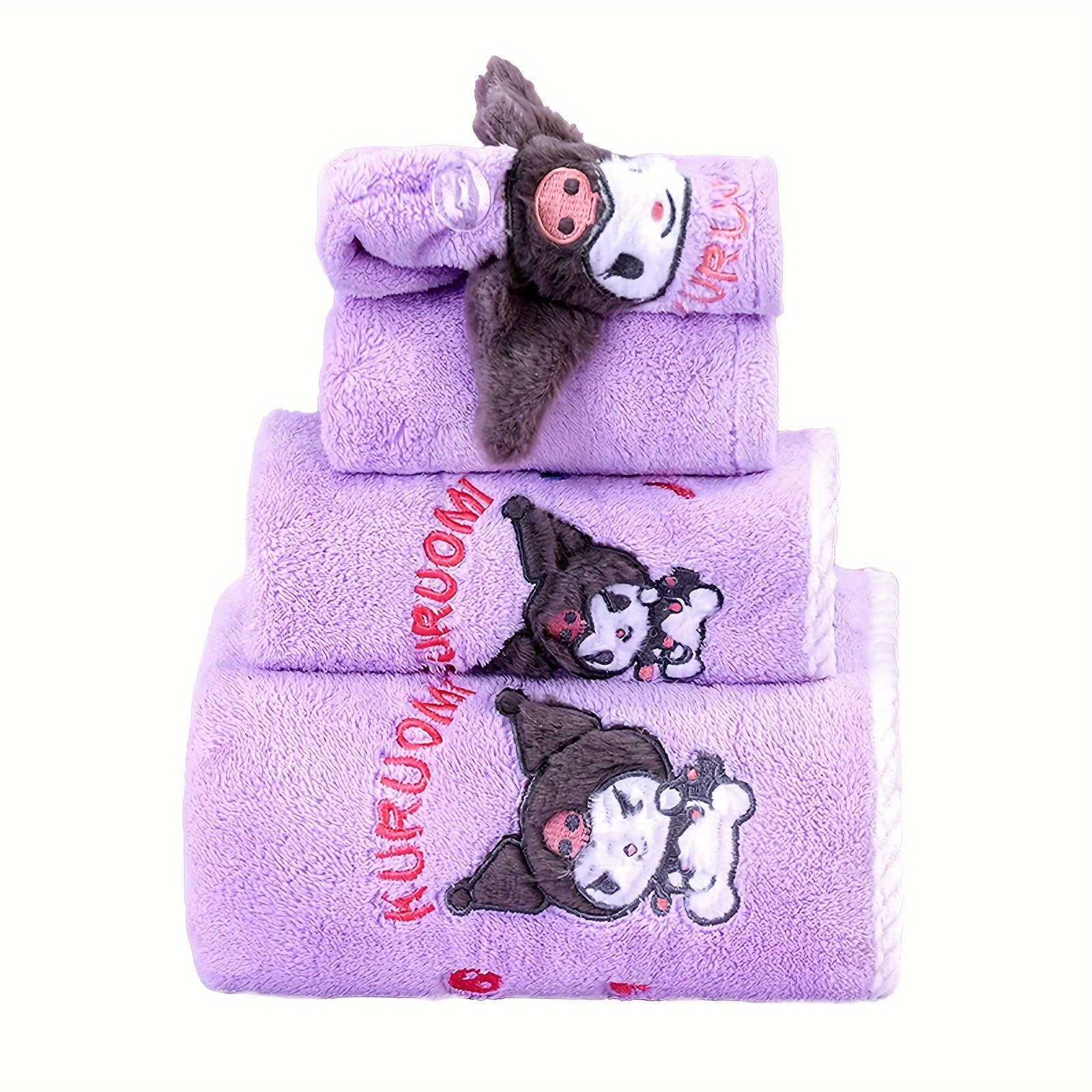 TEMU Kuromi Purple Cartoon Embroidered Towel, Hair Dryer , Super Absorbent Soft Bath Towel Set
