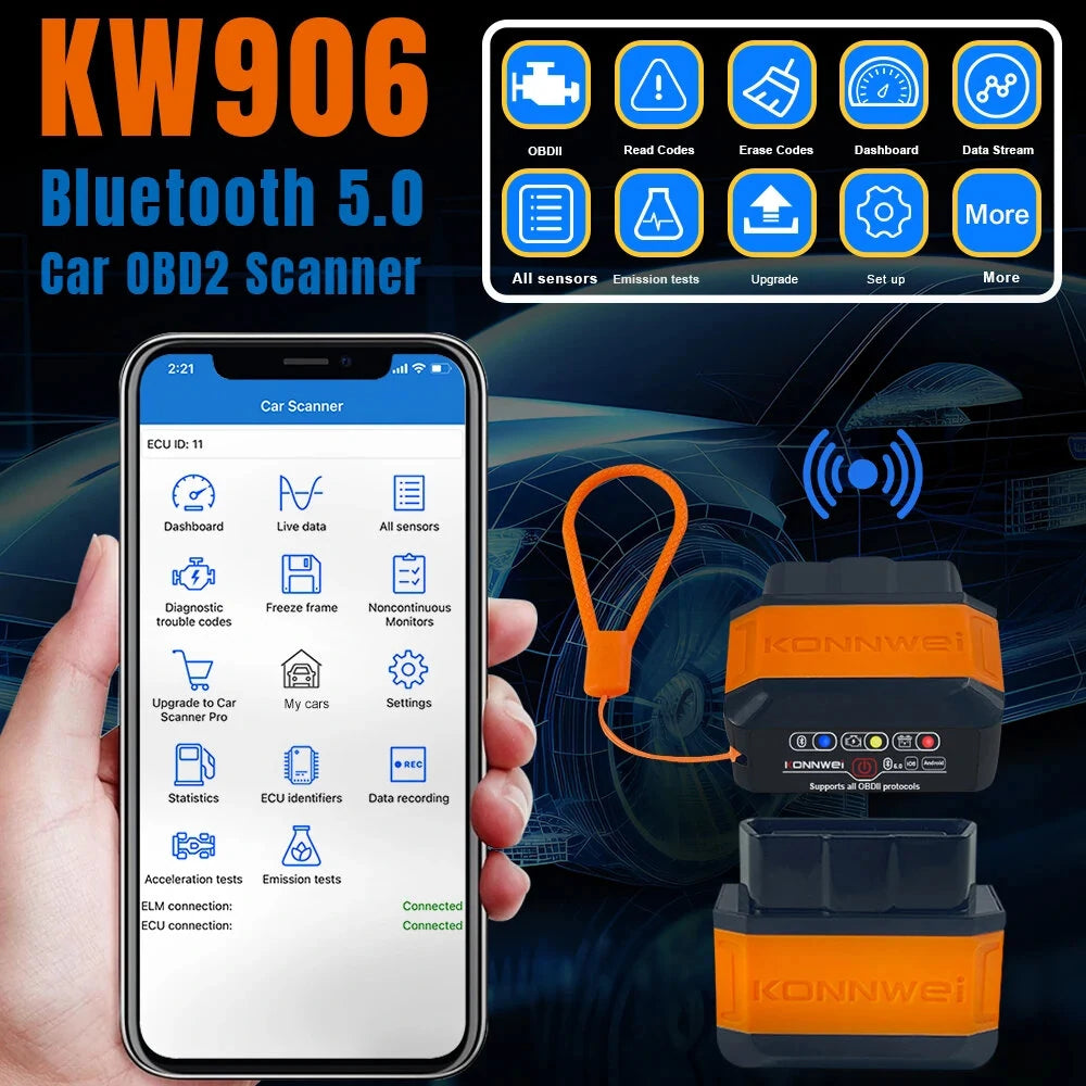 Konnwei KW906 OBD2 ELM327 V1.5 Pic18F25K80 OBD 2 Bluetooth 5.0 Scanners Car Diagnostic tool Code Reader For Android-IOS