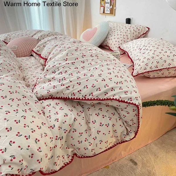 Bedding Set INS Girls Cherry Soft Washed Cotton Bed Sheet Queen King Size Duvet Set Comforter Set Pillowcase Bed LinensC241021