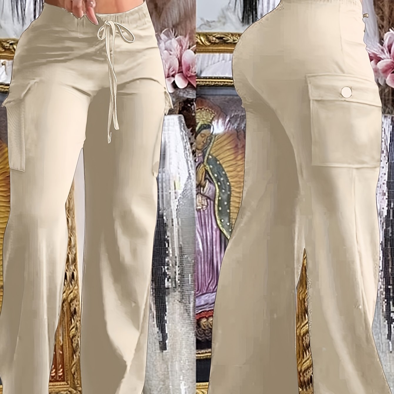 TEMU Women's Casual Cargo Pants - Beige, Drawstring Waist, Multiple Pockets, Spring-summer, Casual Attire|drawstring Waist Pants|