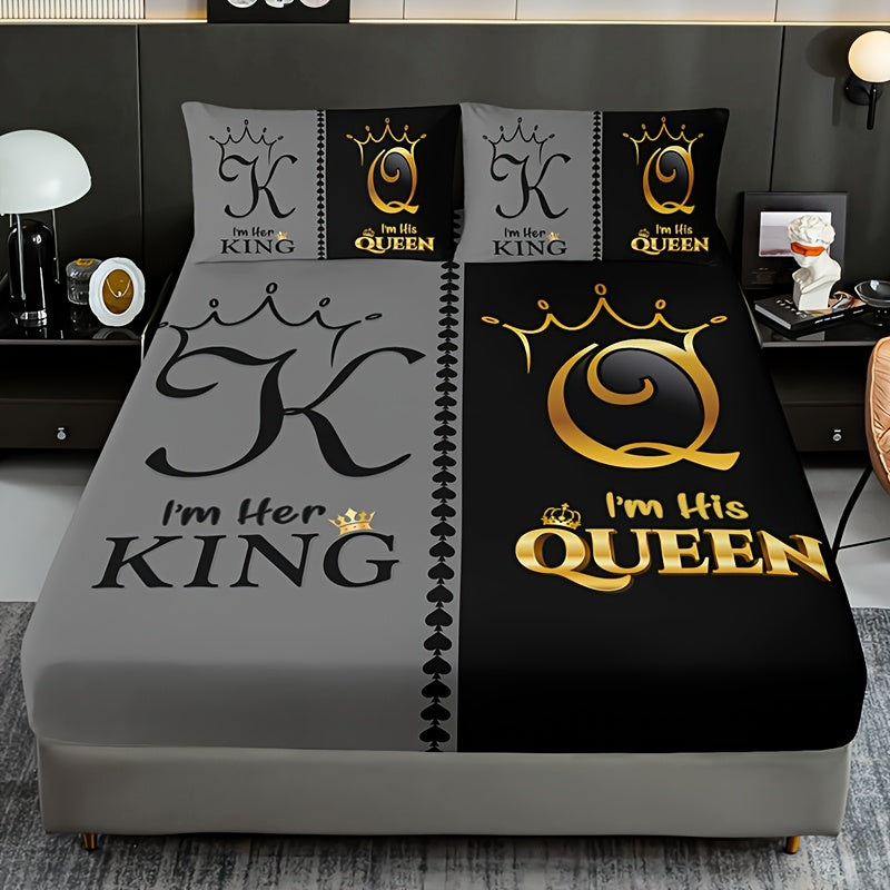 TEMU 3pcs Black And Gray Letter Crown Fitted Sheet Set, 1 Fitted Sheet + 2 Pillowcases (no Inserts), High-definition Print For Home Or Dormitory Use,