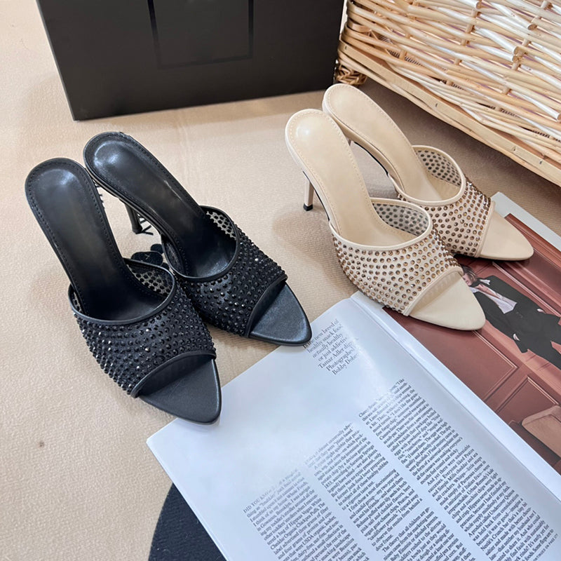 Designer Blonde Rhinestone Mule Sandals For Women Genuine Leather Stiletto Heel Ladies Summer High Heels Rhinestone Womens Pumps Outdoor Shoes Size