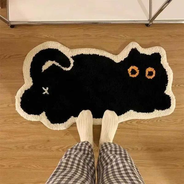 Cute Black Cat Imitation Cashmere Carpet Home Bedroom Bedside Blanket Door Mat Cartoon Ins Living Room Coffee Table Mat BaseballC250114