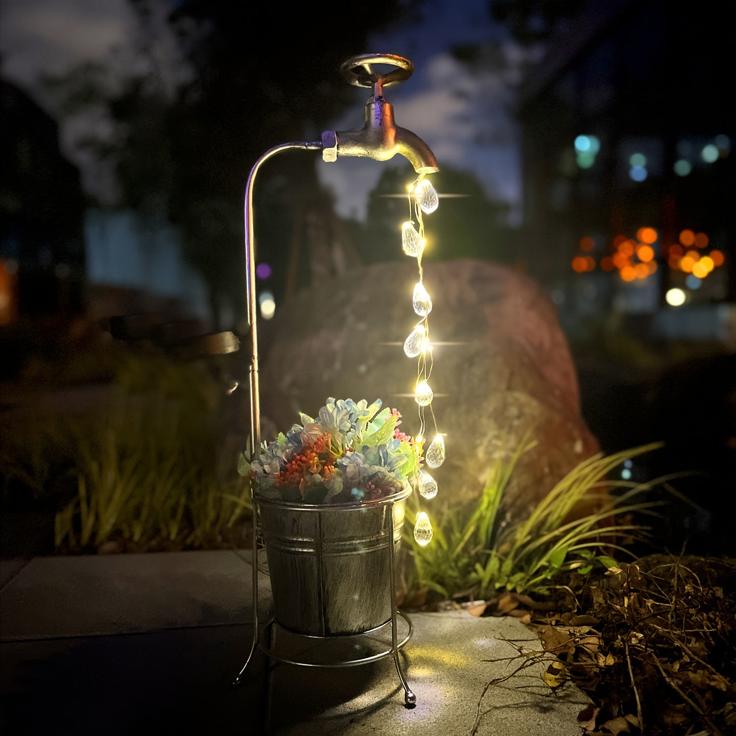 TEMU Solar Outdoor Lights Halloween Decorations Solar Garden Decorations Glowing Outdoor Planter Metal Statue With Faucet Led Water Flowing Porch