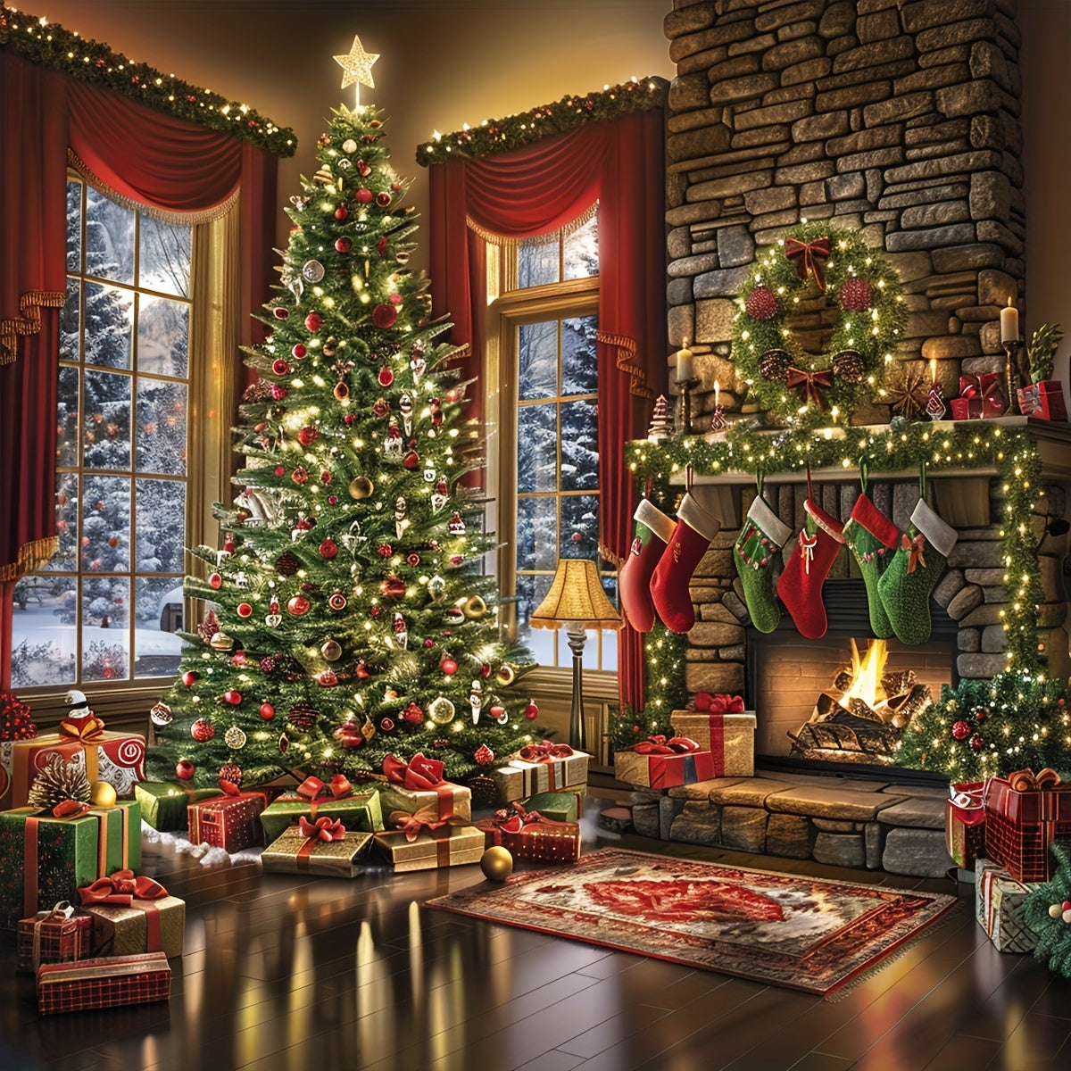 TEMU Christmas Tree And Fireplace Scene 5d Diamond Painting Kit - 1pc 40cm Round Acrylic Diamonds Art Embroidery Set For Home Office Wall Decor, Diy