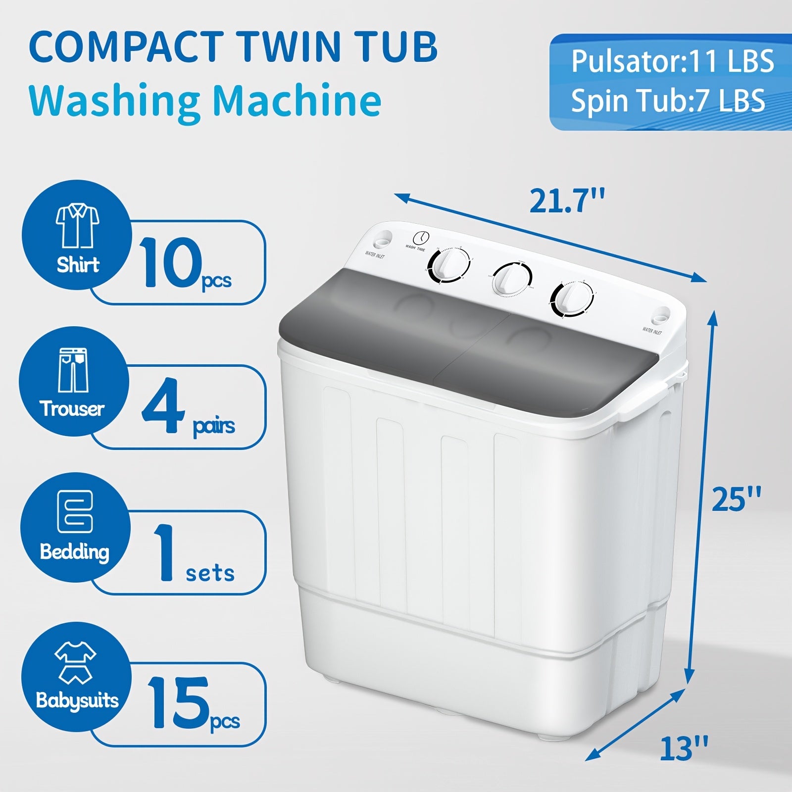 TEMU 18lbs Twin Tub Washing Machine With Drying Rack, 11lbs Washer Mini Compact Laundry Machine And 7lbs Spinner, Convenient And For Dorms, Apartment