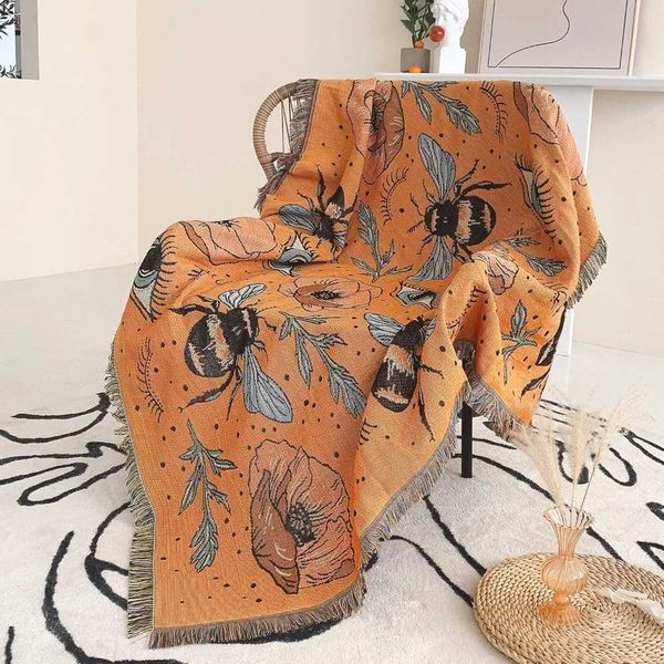 Boho Throw Blanket Reversible Cotton Bohemian Tapestry Hippie Room Decor Double SidedBOHO Bee Yelow 50x60 W240809