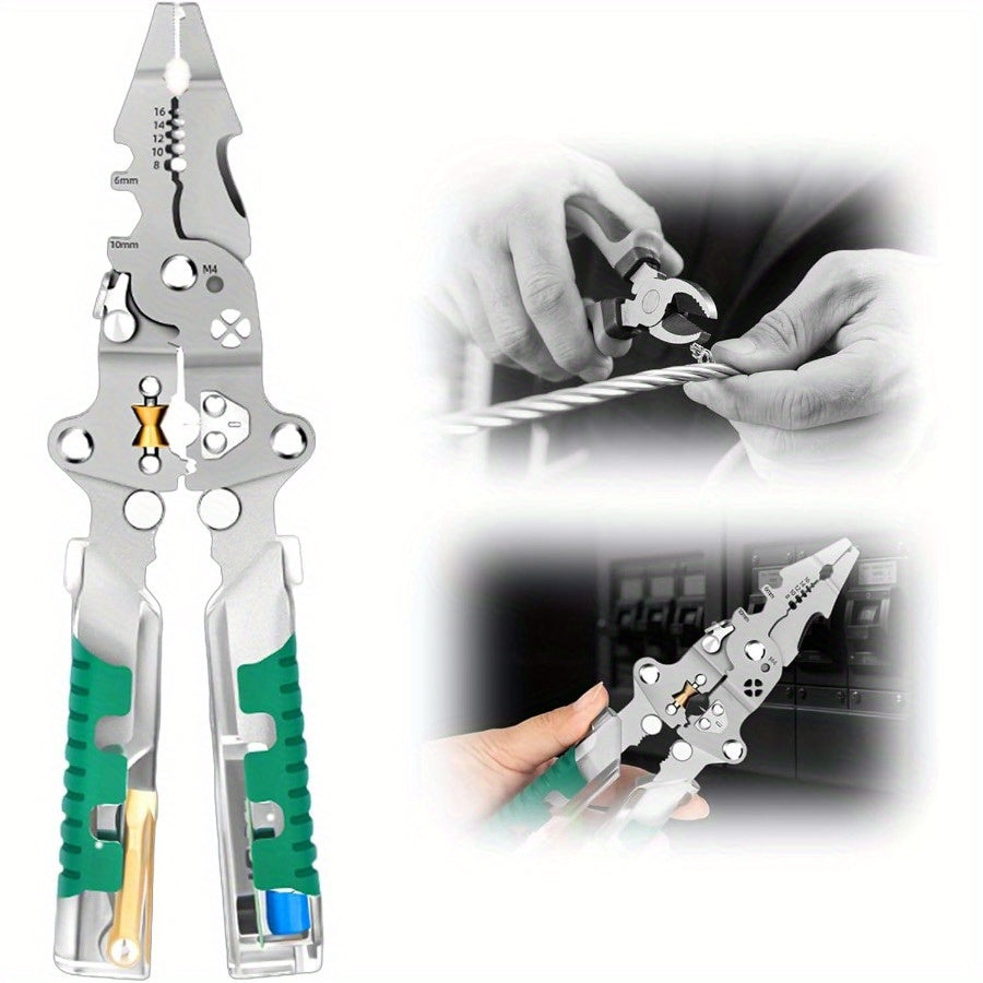 TEMU Heavy-duty Wire Stripper & Crimping Tool - Multi-functional Electrical Pliers With Folding Design, Wire Cutter, Puller, Stripper, Crimper For