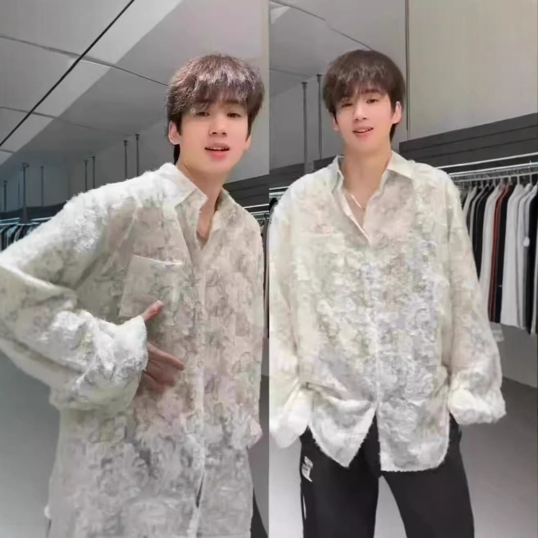 NOYMEI Embroidery Flower Hollow Out Shirt Summer Loose Casual Lapel Double Breasted Short Sleeve Elegant Mens Blouses 240816