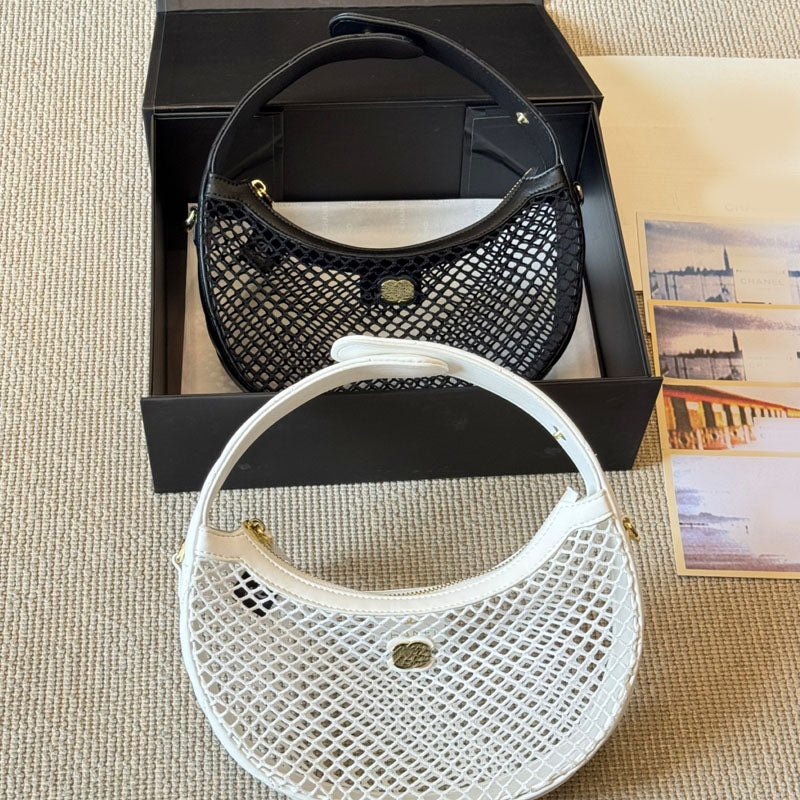 New Women&#039;s Fashion Bag Fishing Net Hollow Handbag Trend Luxury Women Shoulder Bag Black White Handle Crossbody Bag