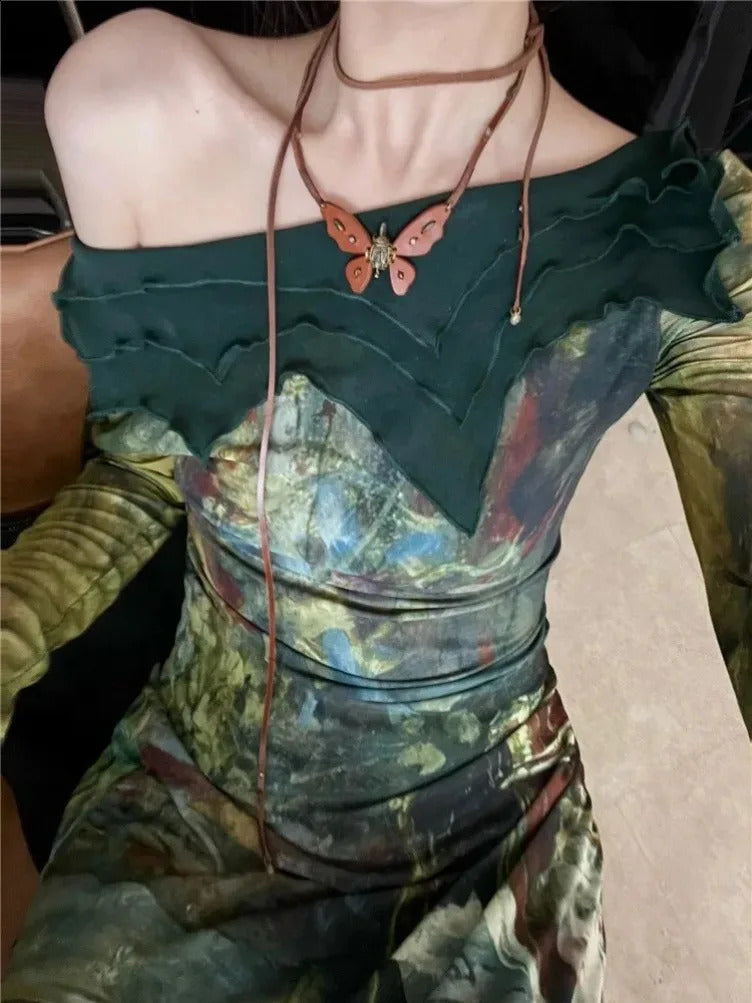 Elegant Vintage Green Print Dresses Y2k Skew Collar Long Sleeve Dress for Women Spring Slim Fit Bodycon Vestidos Mujer 240822