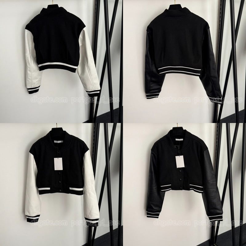 Brand Letter Embroidered Baseball Jacket For Women Luxury Pu Leather Sleeve Patchwork Cropped Jackets Spring Autumn Sporty Street Style Outerwear