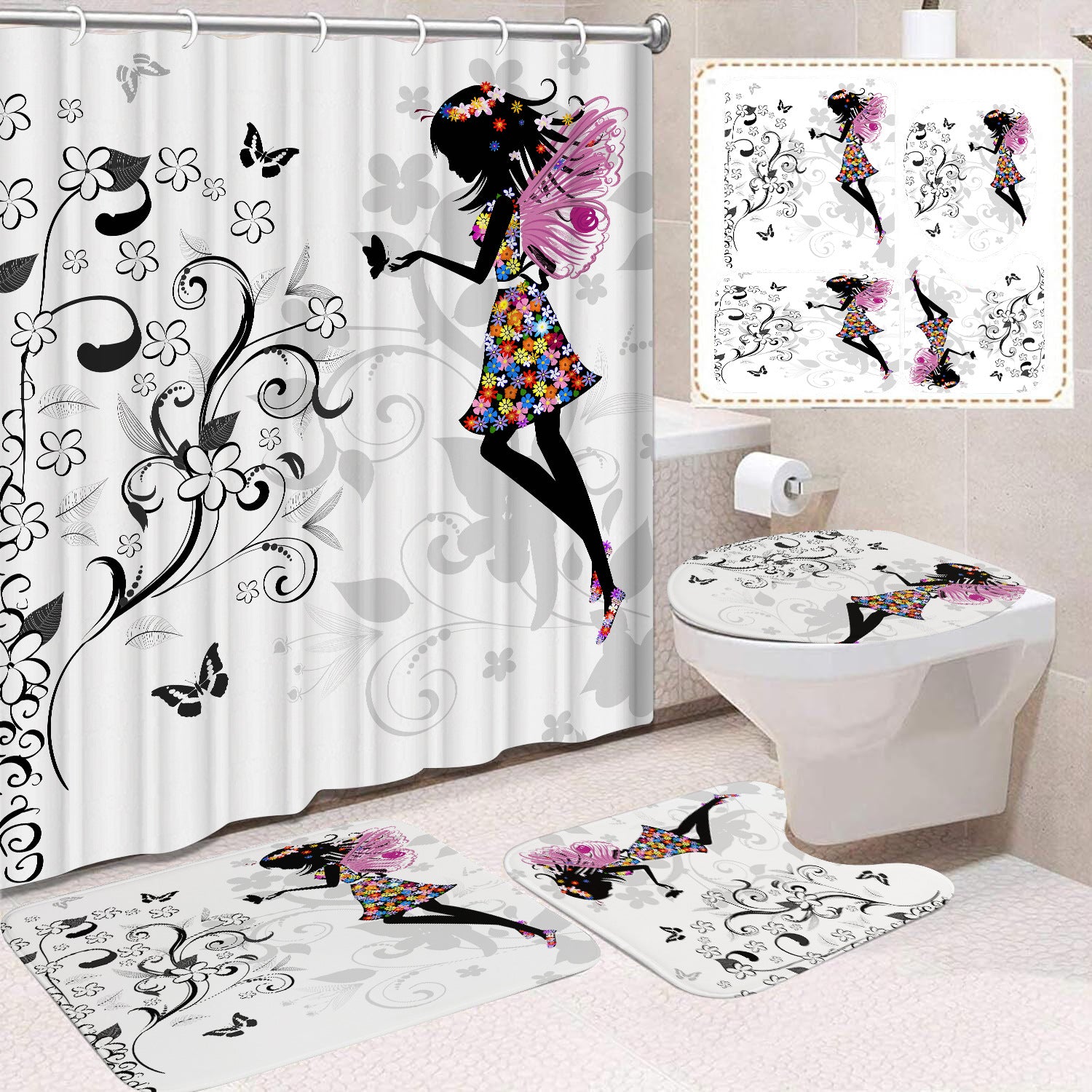 YL-37494 Shower Curtain African Girl Home Bathroom Decorative Curtain Toilet Floor Mat Toilet Non-slip Floor Mat