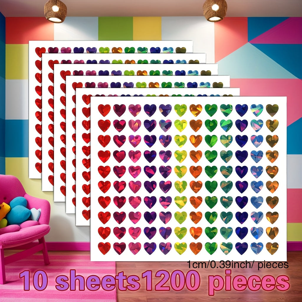 TEMU 1200pcs Vibrant Holographic Heart Stickers - 0.39" Sparkling Multicolor Rainbow Vinyl Decals For Scrapbooking, Journaling & Motivation,