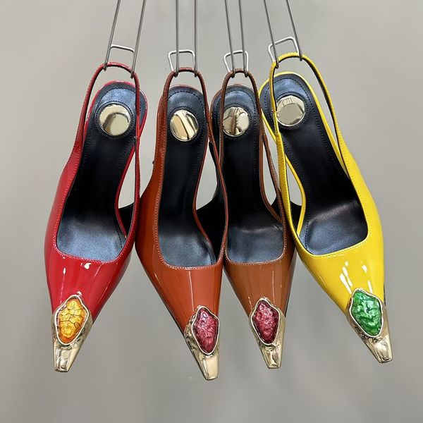 Latest fashion Metallic feeling High Heel Sandals 10.5cm Women luxurious Rhinestone Decorate High Heels Pointed Toes Stiletto Heel Slingback