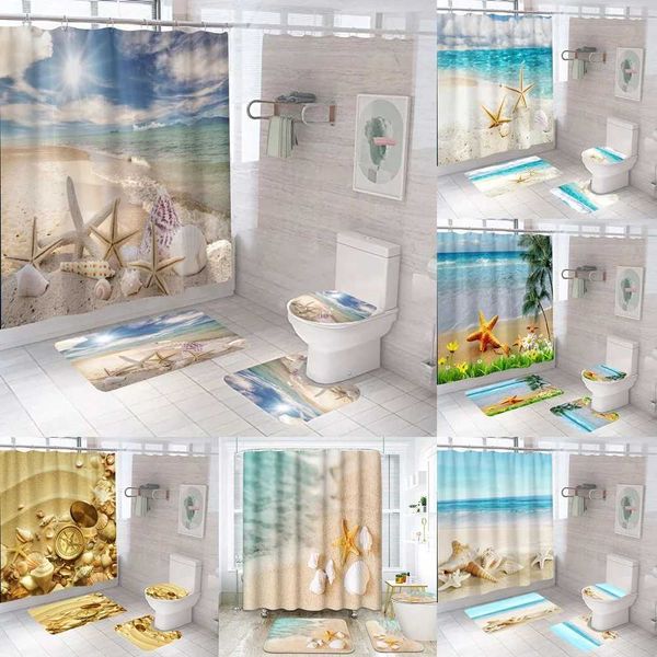 Starfish Shower Curtain Set Beach Seashell Coastal Conch Sea Wave Rock Ocean Blue Sky Bath Curtain Rug Bathroom Mat Toilet Cover Y240815
