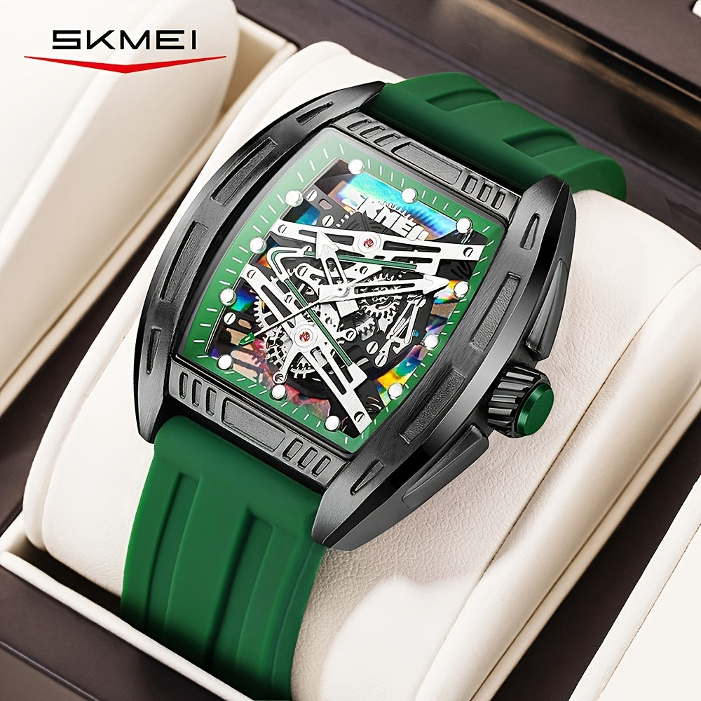 TEMU Skmei Men's Fashion Quartz Watch With Hollow Dial, Barrel-shaped Night Light, Silicone Strap, And Green Dial - Stylish For Casual Attire, Formal