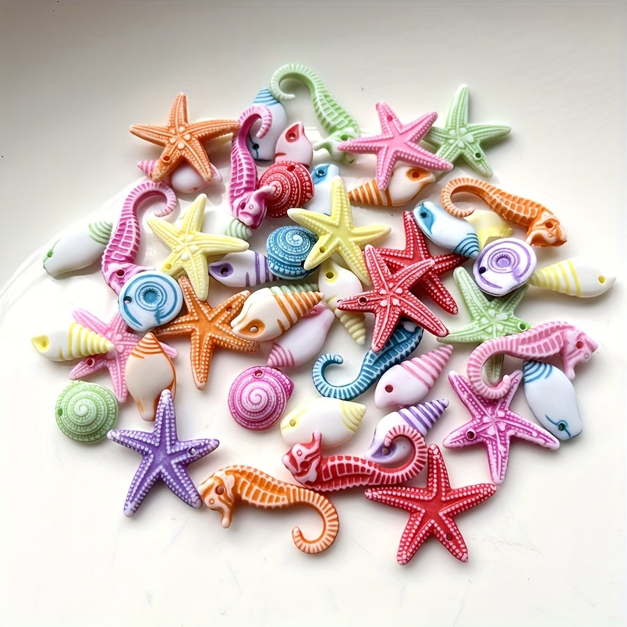 TEMU 30pcs Assorted Acrylic Sea Creatures Charm Beads - Starfish, Seashells, Sea Horses - Diy Bracelets, Necklaces, And Jewelry Making,