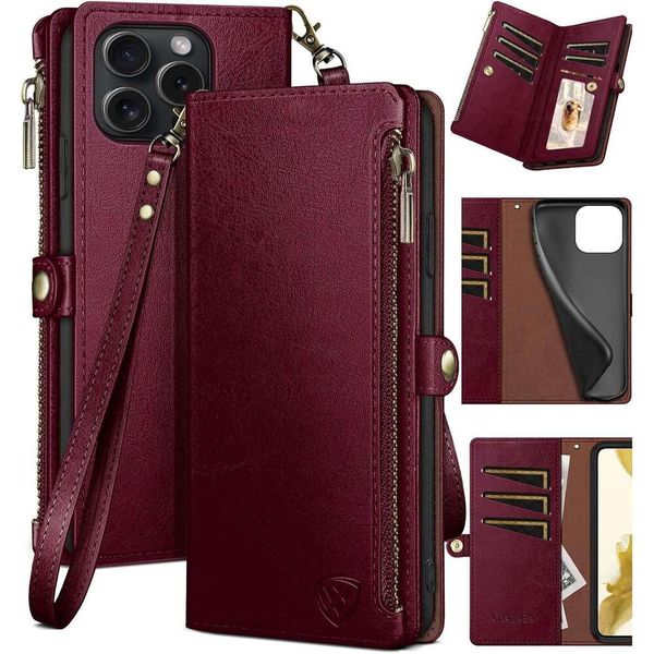 iPhone 3 Wallet ible with Zipper Credit Card Holder Flip Folio Book PU Leather Phone Shockproof Cover Women Men for Apple 16 Pro Max