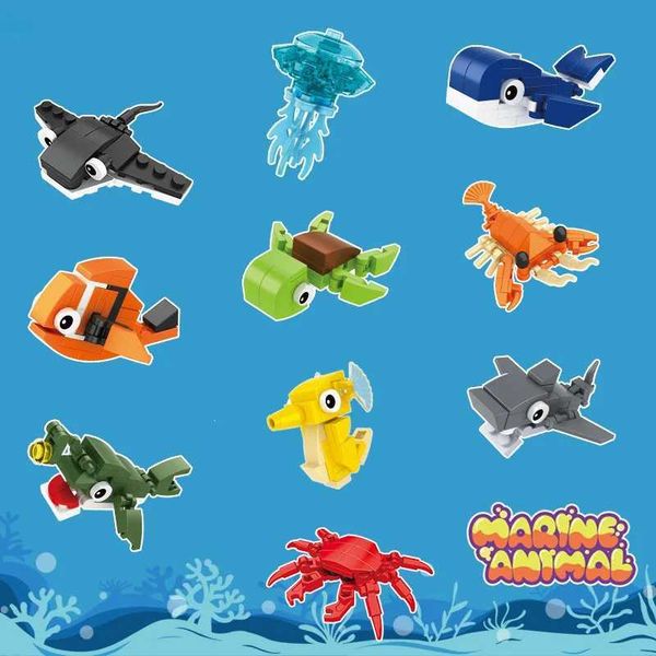 BLOCO BLOCOS 10pcs criativos da série de animais subaquáticos Turtle Turtle Shark Octopus Crab Mini Ornament Blocks Bricks Toys H241111 Y250
