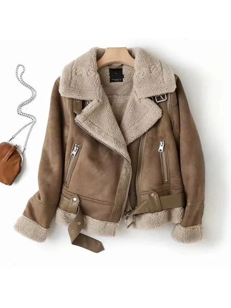 Womens Faux Fur Sheepskin Coat Suede With Belt Casual Thick Warm Bicycle Zipper Oversized Leather Windproof Jacket 241022
