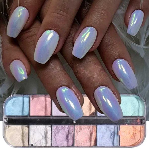 12 Colors Aurora Powder Nail Glitter Pigment Mirror White Iridescent Fairy Fine Chrome Reflective Rubbing On Dust Manicure DecorXJ240815