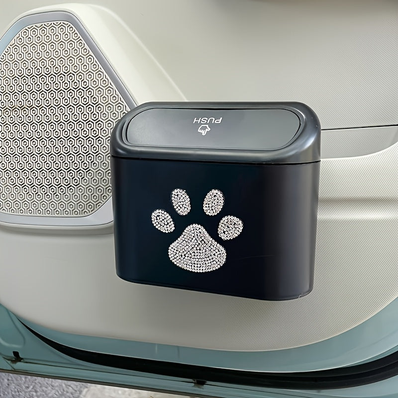TEMU Dog Paw Print Car Trash Can - Shiny Diamond Inlay - Multifunctional Hanging Storage Box With Automatic Lid - Car Interior Accessories